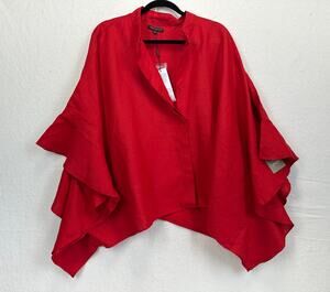 For Cynthia Cape-Style Silhouette Kimono Sleeve Red Linen Blouse SZ L NWT